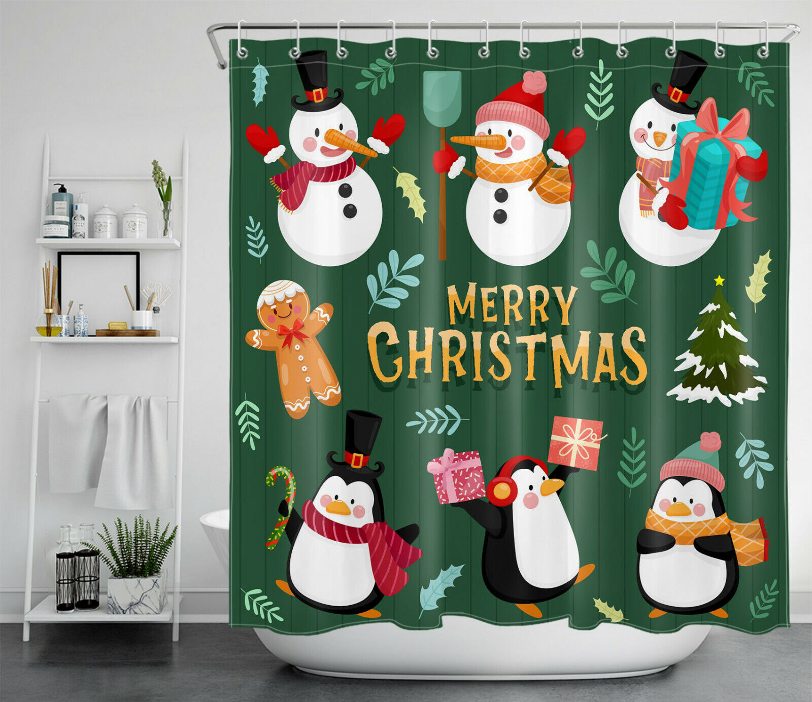 Cute Snowman Penguin Shower Curtain for a Whimsical Christmas Bathroom Decor