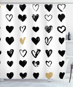 Cute Tan Black and White Love Shower Curtain with Small Heart Design for a Modern Bathroom Decor