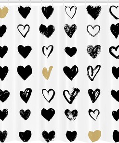Cute Tan Black and White Love Shower Curtain with Small Heart Design for a Modern Bathroom Decor
