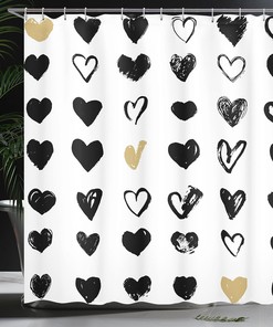 Cute Tan Black and White Love Shower Curtain with Small Heart Design for a Modern Bathroom Decor