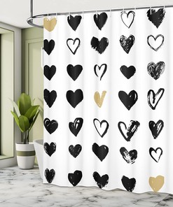 Cute Tan Black and White Love Shower Curtain with Small Heart Design for a Modern Bathroom Decor