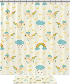 Cute Unicorn Rainbow Pattern Light Yellow Waterproof Fabric Shower Curtain - Kids Bathroom Decor