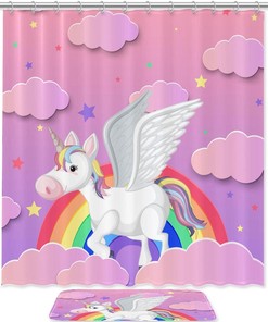 Cute Unicorn Rainbow Pink Clouds Fabric Shower Curtain for Kids Bathroom Decor - Bathroom Curtain