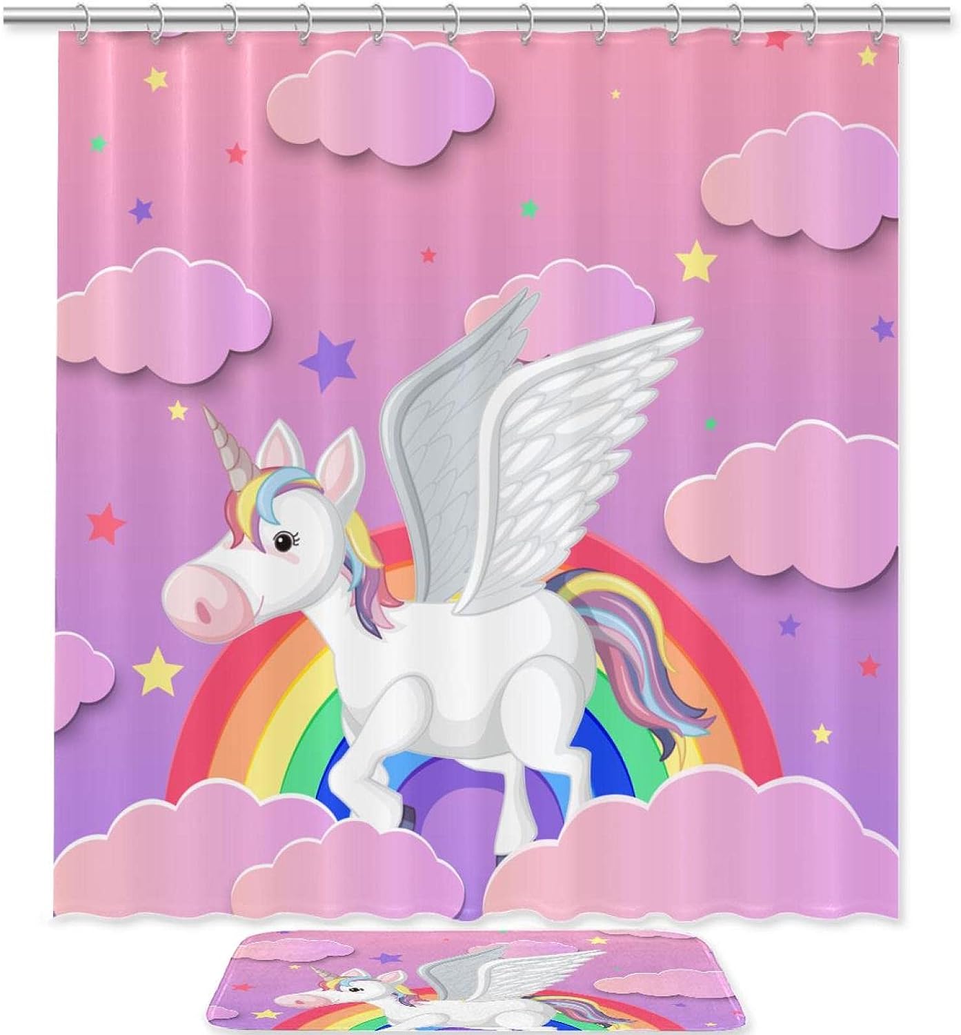 Cute Unicorn Rainbow Pink Clouds Fabric Shower Curtain for Kids ...