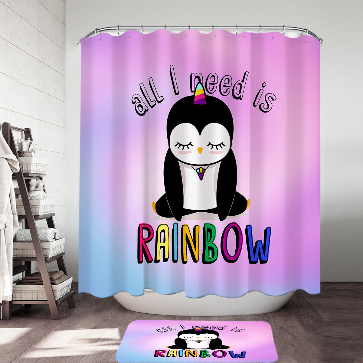 Cute Unicorn and Penguin Shower Curtain for Whimsical Bathroom Decor