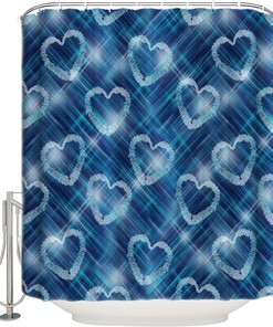 Cute Valentine's Day Shower Curtain, Love Heart Blue Ombre Striped for Bathroom Decor
