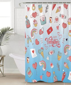 Cute Valentine's Day Shower Curtain, Pink Love Heart Blue Ombre for Bathroom Decor