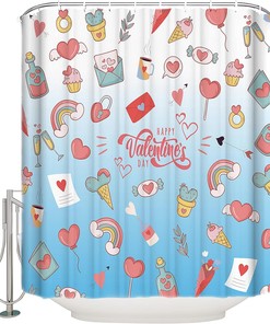 Cute Valentine's Day Shower Curtain, Pink Love Heart Blue Ombre for Bathroom Decor