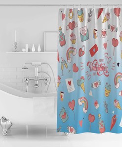 Cute Valentine's Day Shower Curtain, Pink Love Heart Blue Ombre for Bathroom Decor