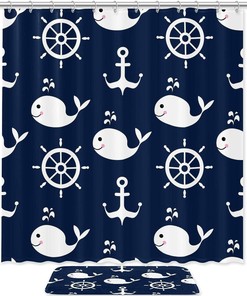 Cute Whale & Anchor Pattern Waterproof Fabric Shower Curtain for Kids Bathroom - Bathroom Accessories
