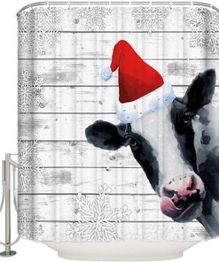 Dairy Cow Animal Snowflake White Wood Farm Christmas Shower Curtain for Home Bathroom Decor