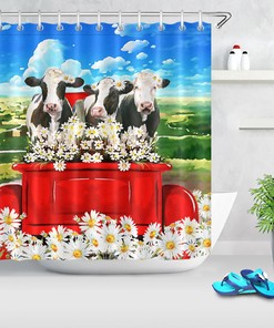 Daisy Flower Cow Farm Waterproof Shower Curtain Bathroom Decor