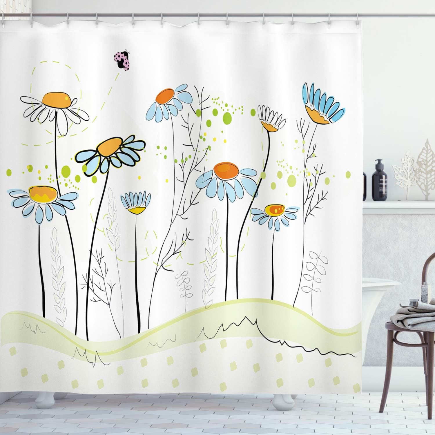 Daisy Flowers in Spring Cloth Fabric Shower Curtain, Romantic Gardening Theme Illustration, Bathroom Curtain
