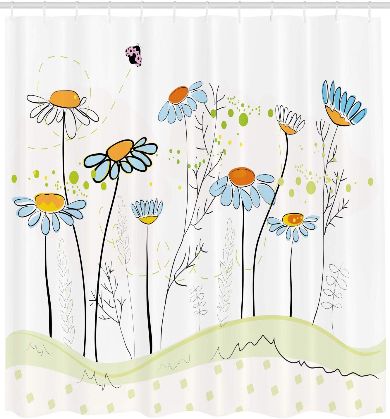 Daisy Flowers in Spring Cloth Fabric Shower Curtain, Romantic Gardening Theme Illustration, Bathroom Curtain