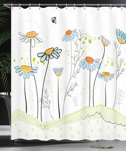 Daisy Flowers in Spring Cloth Fabric Shower Curtain, Romantic Gardening Theme Illustration, Bathroom Curtain