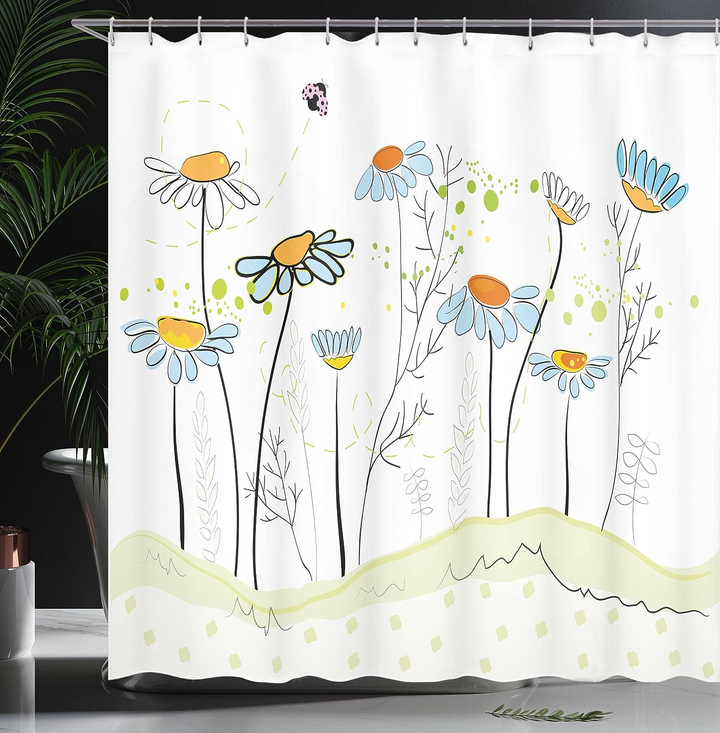 Daisy Flowers in Spring Cloth Fabric Shower Curtain, Romantic Gardening Theme Illustration, Bathroom Curtain