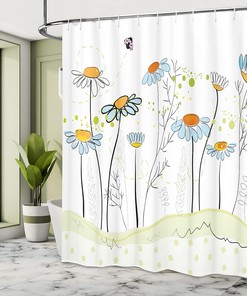 Daisy Flowers in Spring Cloth Fabric Shower Curtain, Romantic Gardening Theme Illustration, Bathroom Curtain