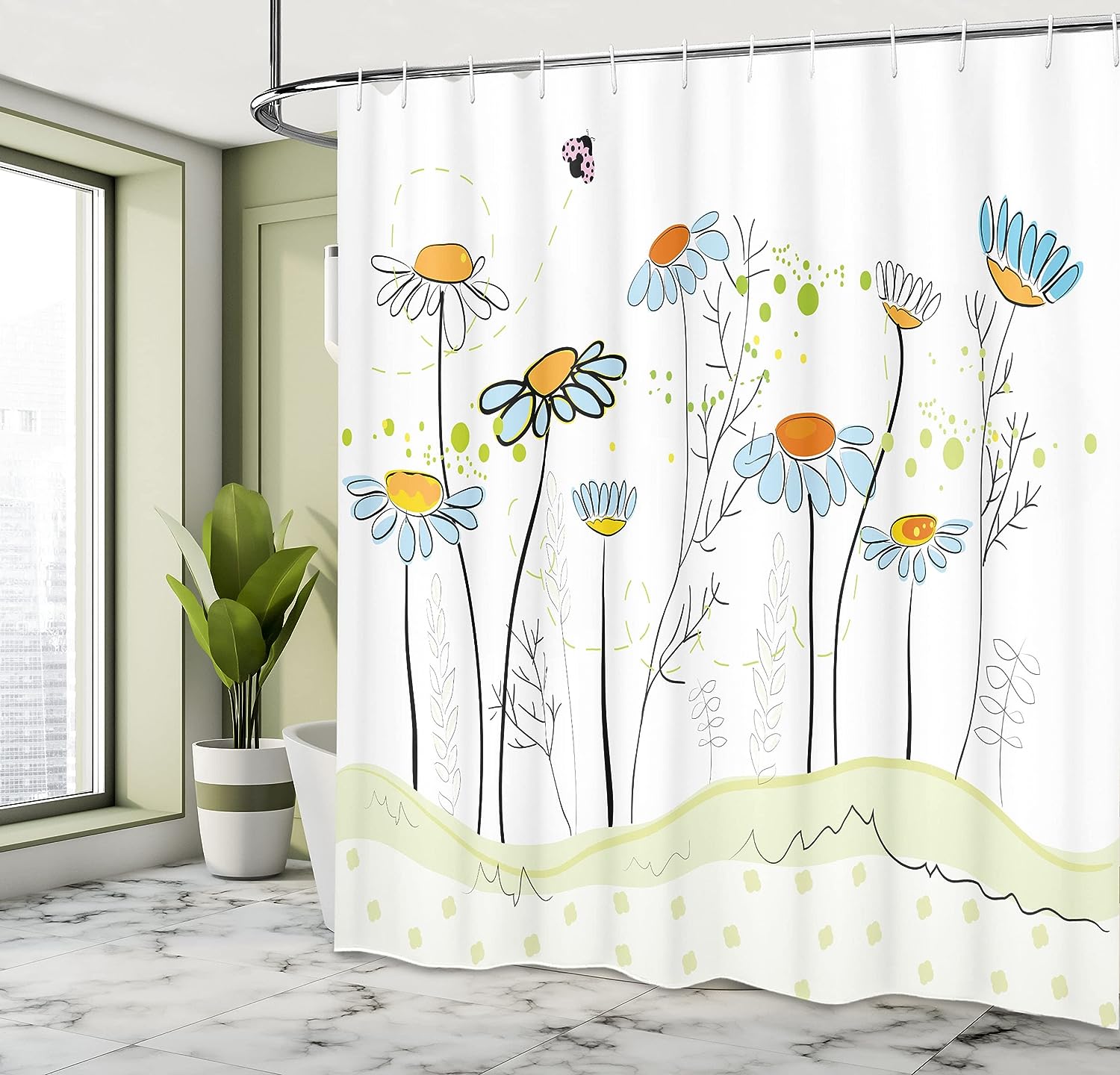 Daisy Flowers in Spring Cloth Fabric Shower Curtain, Romantic Gardening Theme Illustration, Bathroom Curtain