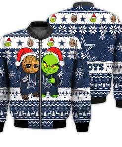 Dallas Cowboys Baby Groot And Grinch Best Friends Football American Ugly Christmas Sweater Gifts Unisex 3D Bomber Jacket