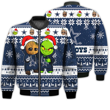 Dallas Cowboys Baby Groot And Grinch Best Friends Football American Ugly Christmas Sweater Gifts Unisex 3D Bomber Jacket