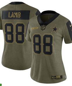 Dallas Cowboys Ceedee Lamb 88 Nfl Olive 2021 Salute To Service Retired Player Women Jersey For Cowboys Fans