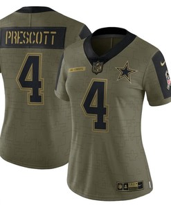 Dallas Cowboys Dak Prescott 4 Nfl Olive 2021 Salute To Service Retired Player Women Jersey For Cowboys Fans
