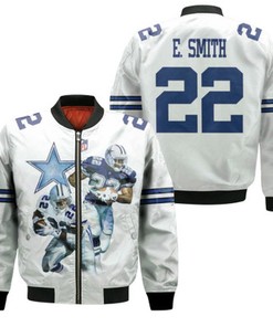 Dallas Cowboys Emmitt Smith 22 NFL White Vintage Retired Player Gift For Cowboys Fans Bomber Jacket