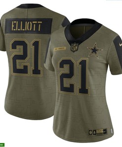Dallas Cowboys Ezekiel Elliott 21 Nfl Olive 2021 Salute To Service Retired Player Women Jersey For Cowboys Fans