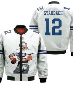 Dallas Cowboys Roger Staubach 12 NFL Great Player White Gift For Cowboys Fans Bomber Jacket