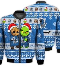 Dallas Mavericks Baby Groot And Grinch Best Friends Football American Ugly Christmas Sweater Gifts Unisex 3D Bomber Jacket