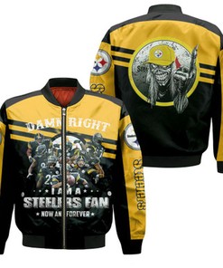 Damn Right I Am A Pittsburgh Steelers Fan Now And Forever Skull Jersey Bomber Jacket