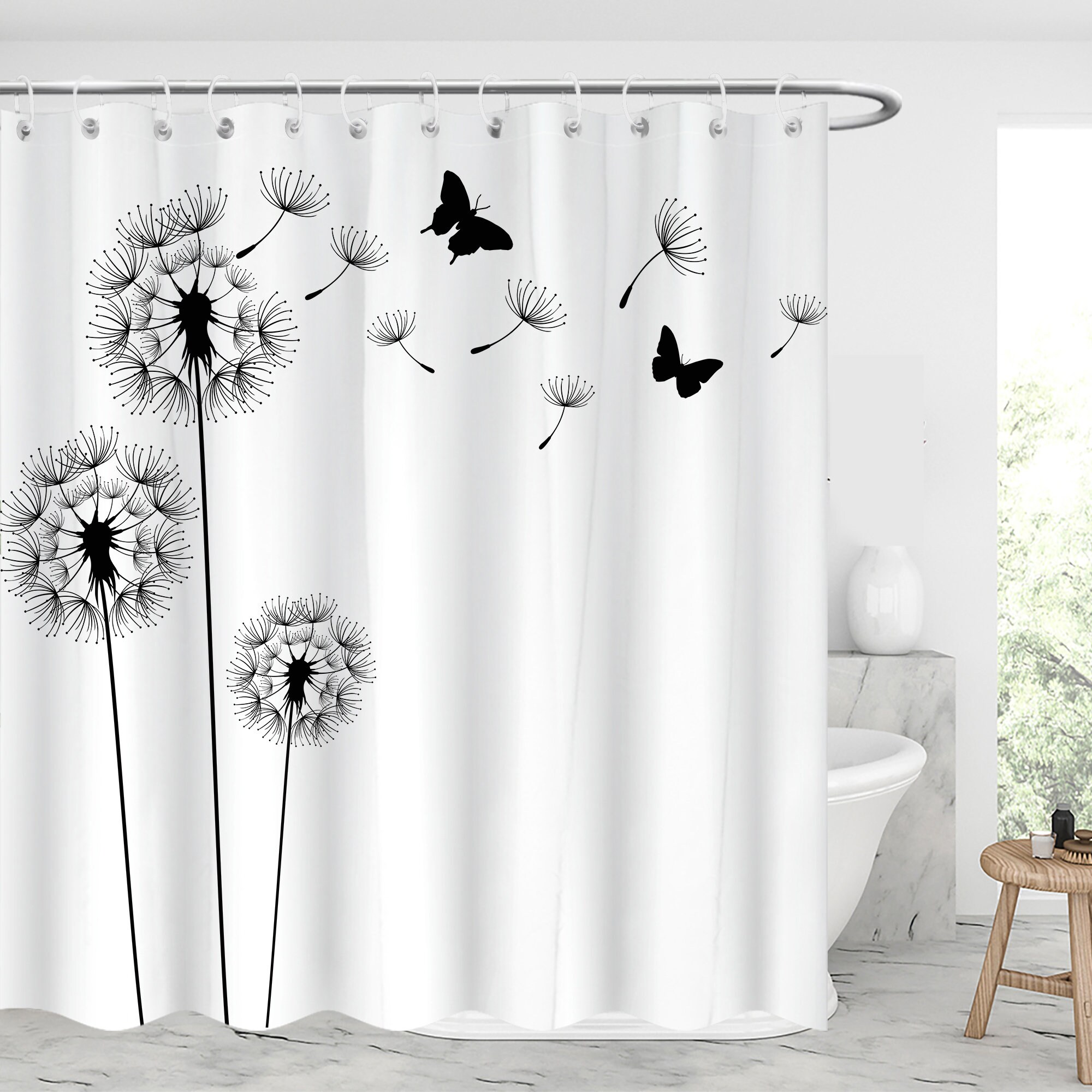 Dandelion Butterfly Art Printed Shower Curtain for Colorful Bathroom Decor