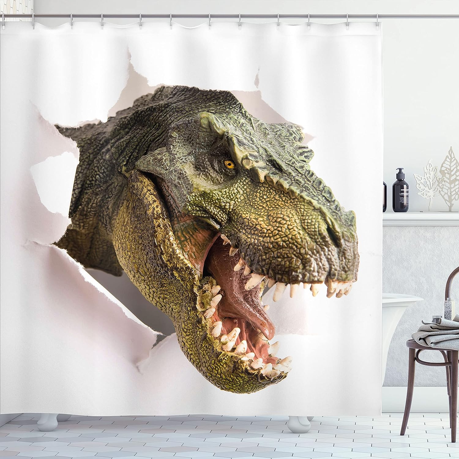 Dangerous Dinosaur Breaking the Wall Shower Curtain, Cloth Bathroom