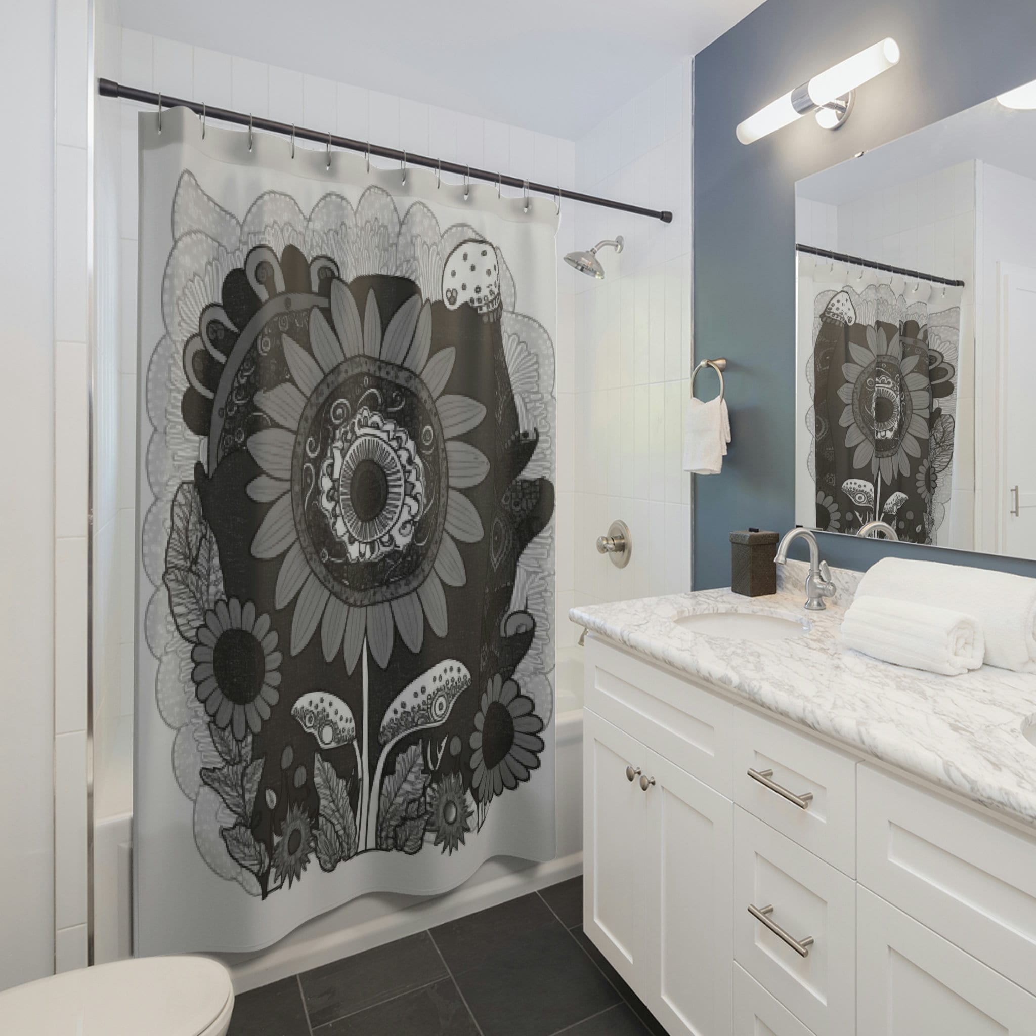 Dark Cottage Sunflower Boho Shower Curtain - Floral Print in Boho Style