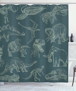Dark Teal Dinosaur Shower Curtain, Various Illustrations Skeleton Biology Cloth Fabric Bathroom Decor, Home Decor