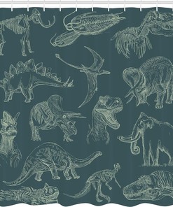 Dark Teal Dinosaur Shower Curtain, Various Illustrations Skeleton Biology Cloth Fabric Bathroom Decor, Home Decor