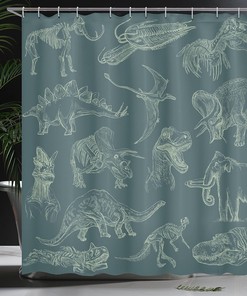 Dark Teal Dinosaur Shower Curtain, Various Illustrations Skeleton Biology Cloth Fabric Bathroom Decor, Home Decor