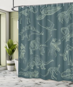 Dark Teal Dinosaur Shower Curtain, Various Illustrations Skeleton Biology Cloth Fabric Bathroom Decor, Home Decor