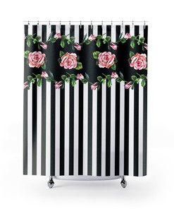 Decorative Shower Curtain - Unique and Stylish Black and White Bathroom Decor with Stripes and Floral Design