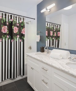 Decorative Shower Curtain - Unique and Stylish Black and White Bathroom Decor with Stripes and Floral Design