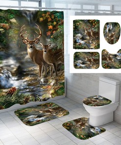 Deer Elk 3D Bathroom Shower Curtain Animals Set for a Wildlife Bathroom