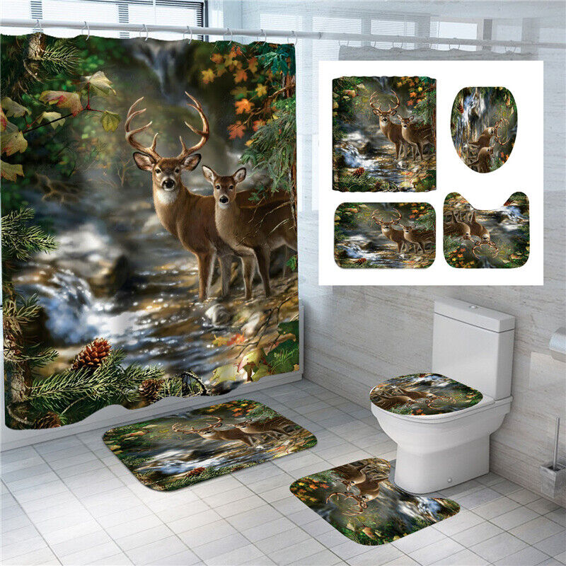 Deer Elk 3D Bathroom Shower Curtain Animals Set for a Wildlife Bathroom