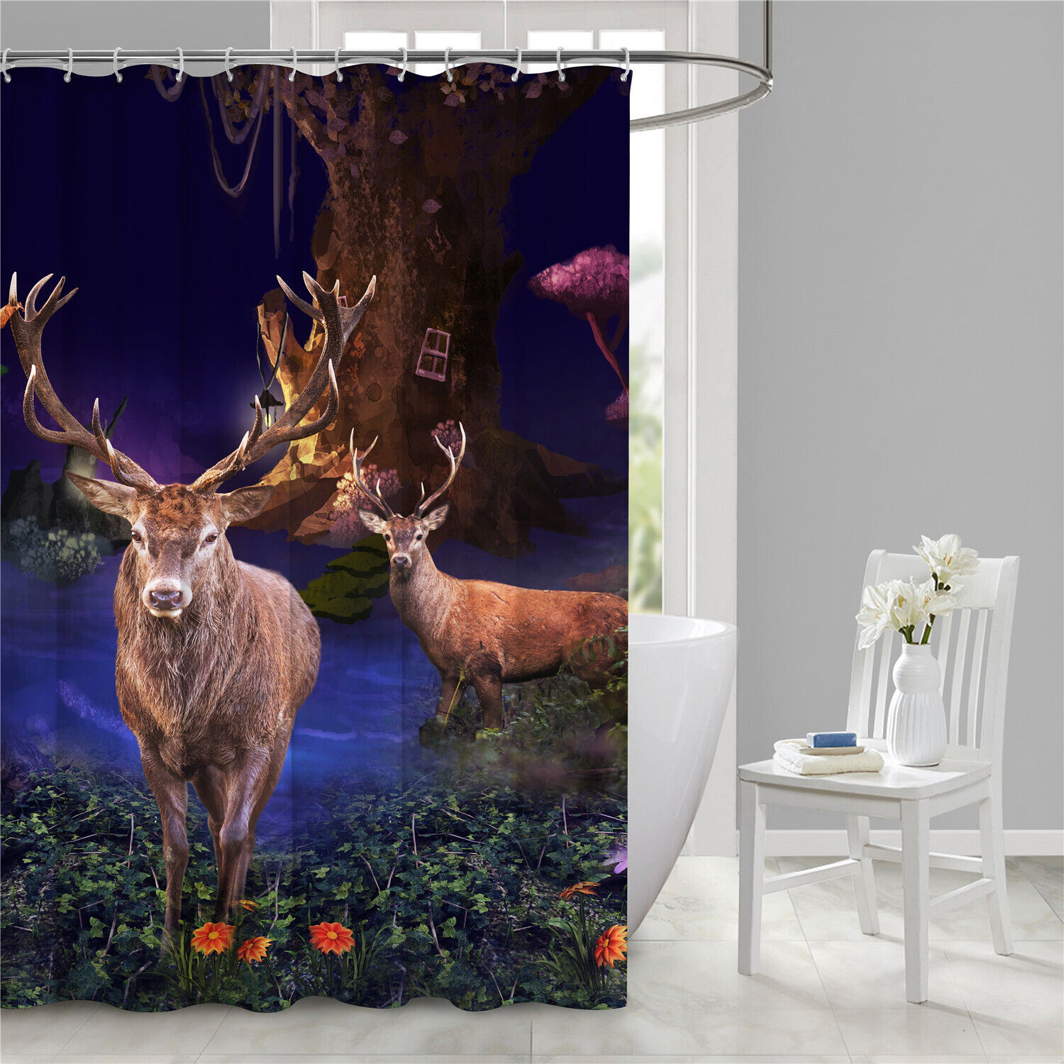 Deer Elk Animal Grass Print Shower Curtain for a Hunting Bathroom Decor