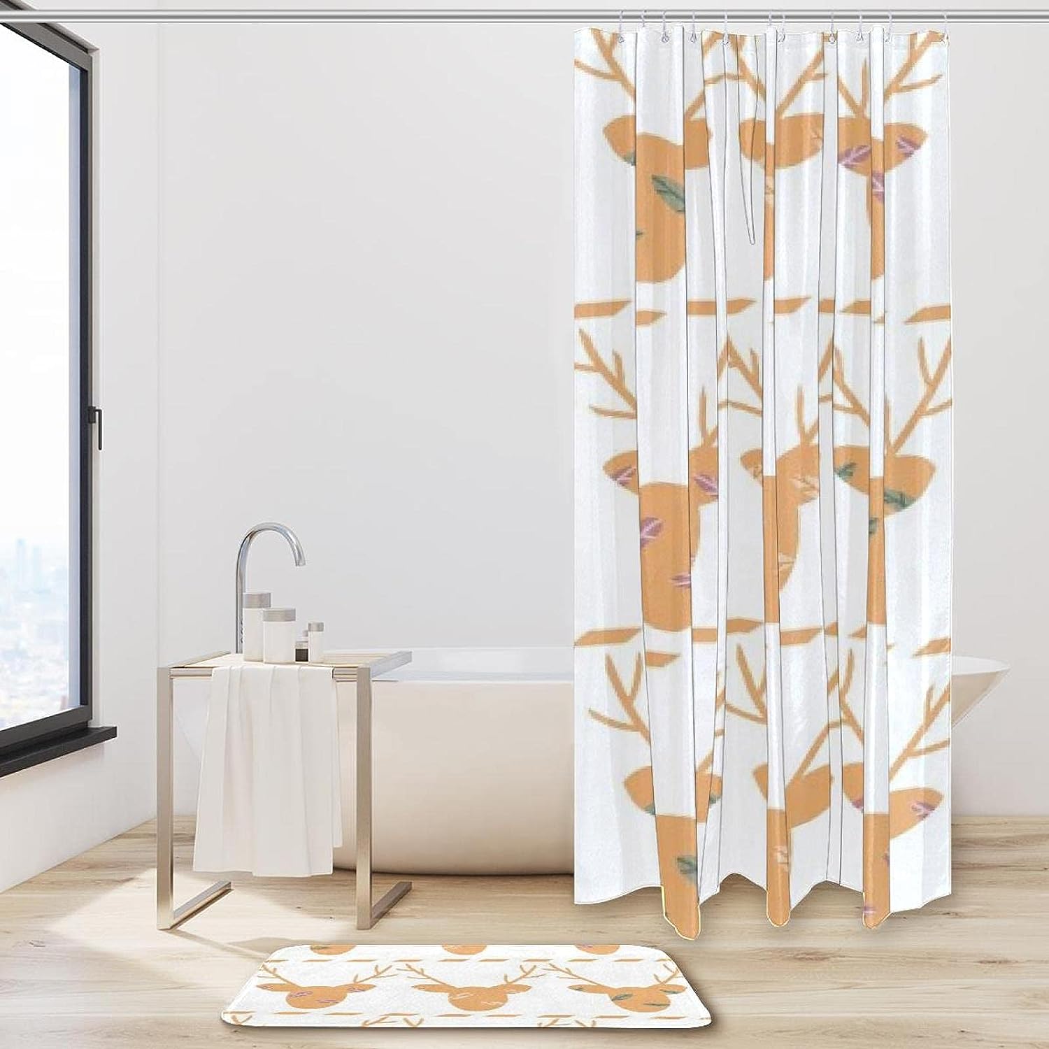 Deer Head Silhouette Waterproof Shower Curtain for Rustic Bathroom Decor