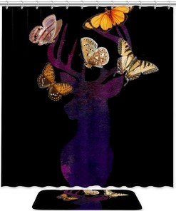Deer Head and Butterfly Waterproof Shower Curtain for Nature Bathroom Decor