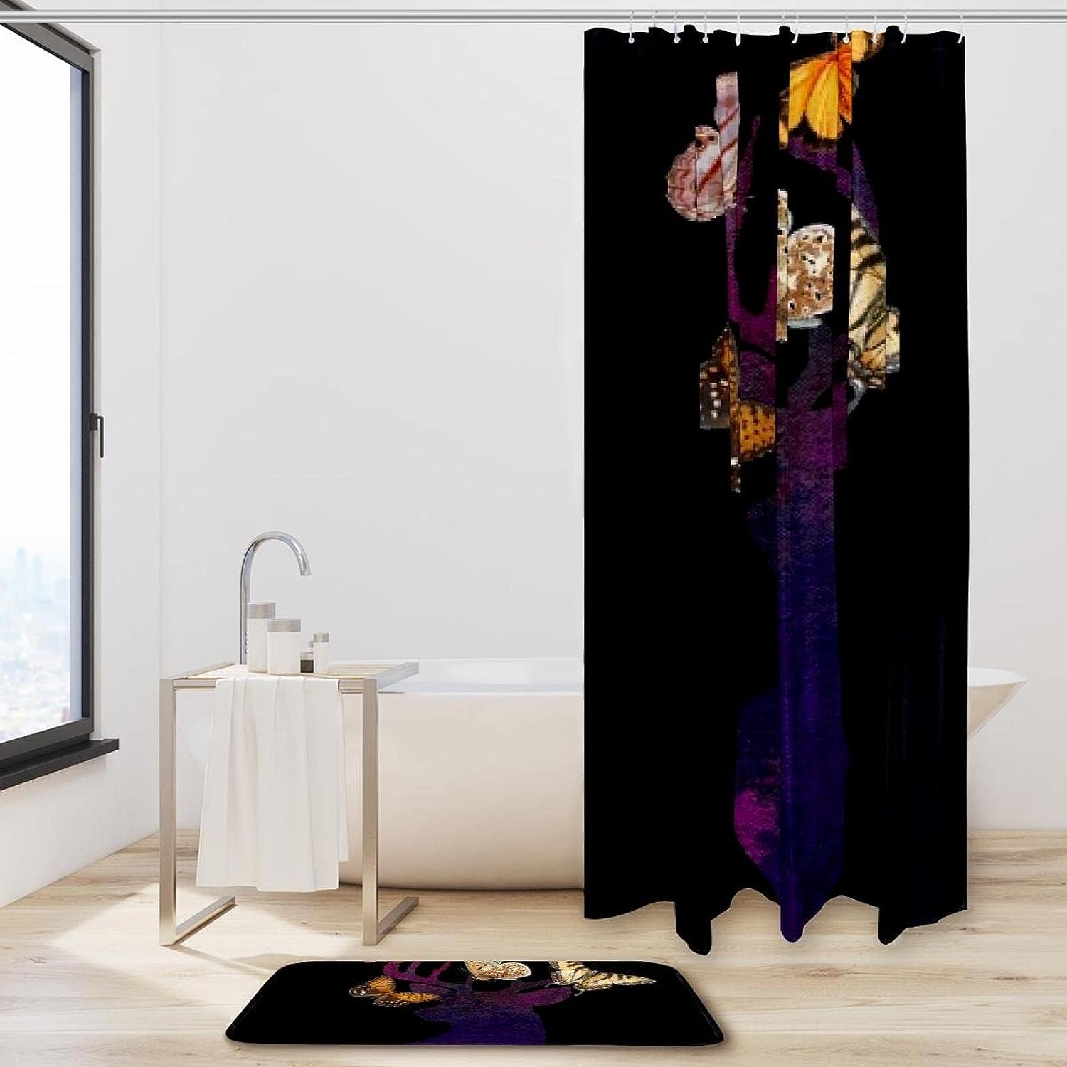 Deer Head and Butterfly Waterproof Shower Curtain for Nature Bathroom Decor