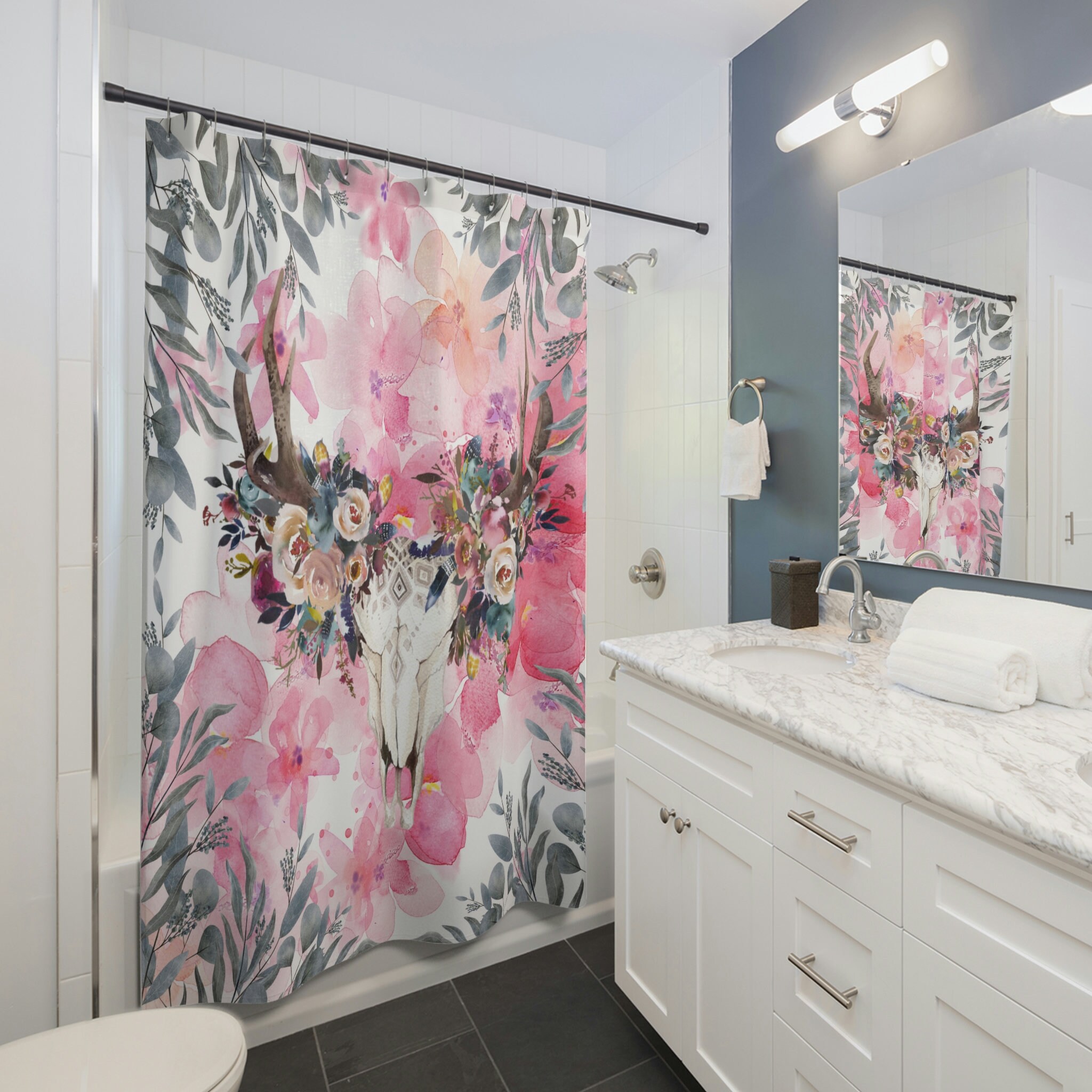 Deer Skull Boho Shower Curtain - Natural Wildlife for Rustic Bathroom