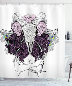 Deer Skull with Roses Shower Curtain for Bohemian Bathroom Decor 