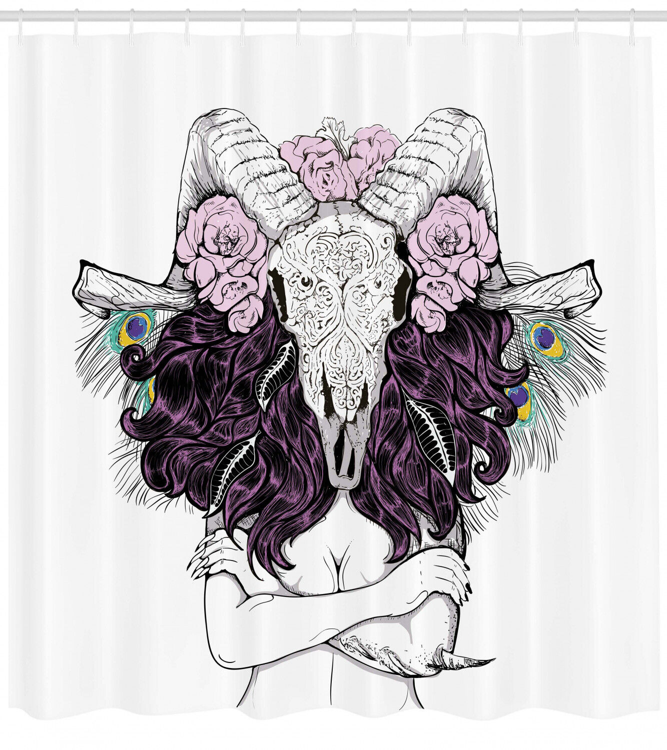 Deer Skull with Roses Shower Curtain for Bohemian Bathroom Decor