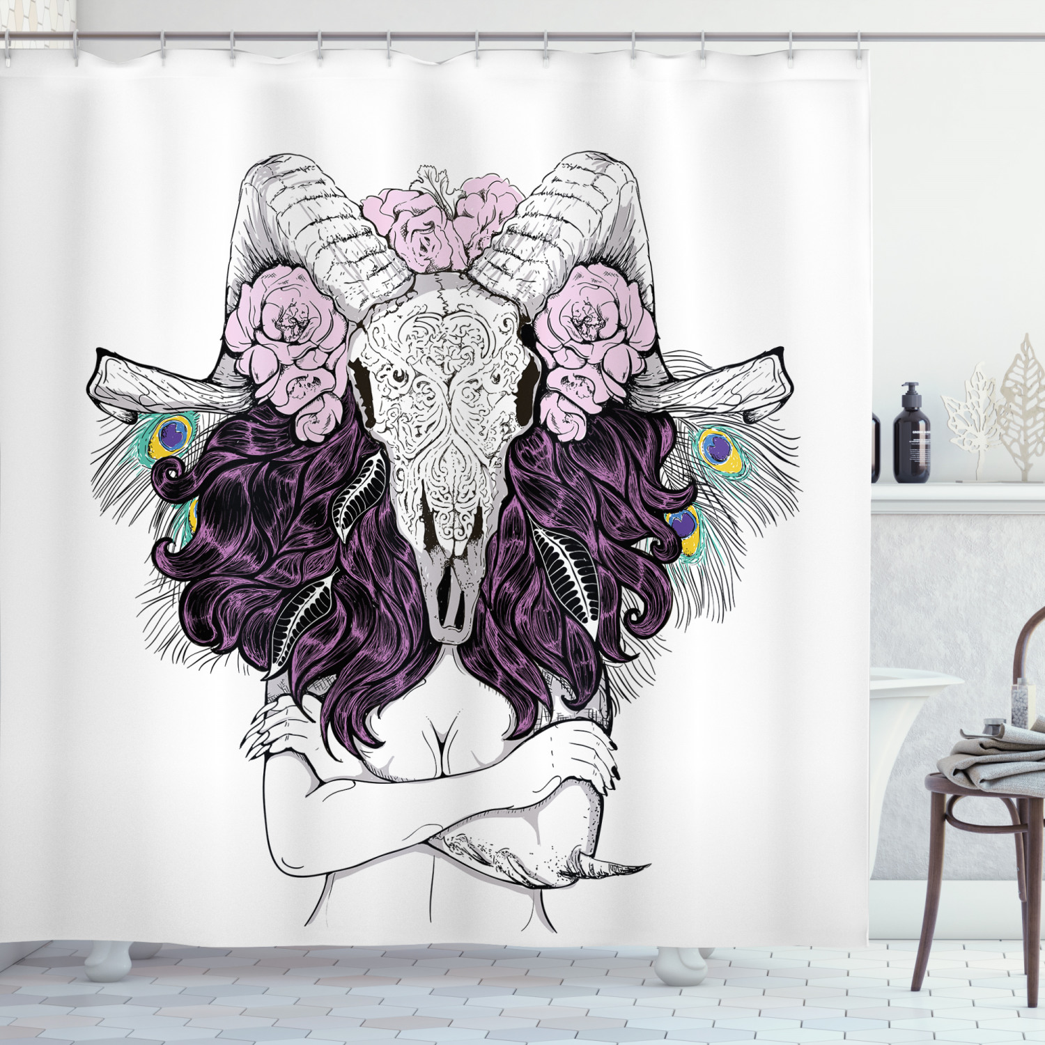 Deer Skull with Roses Shower Curtain for Bohemian Bathroom Decor